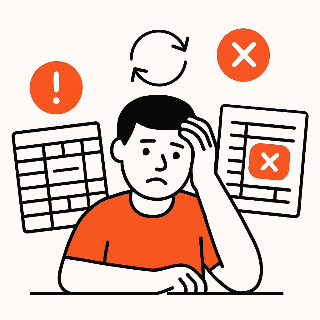 Illustration of a frustrated small business owner surrounded by confusing spreadsheets with errors and multiple versions
