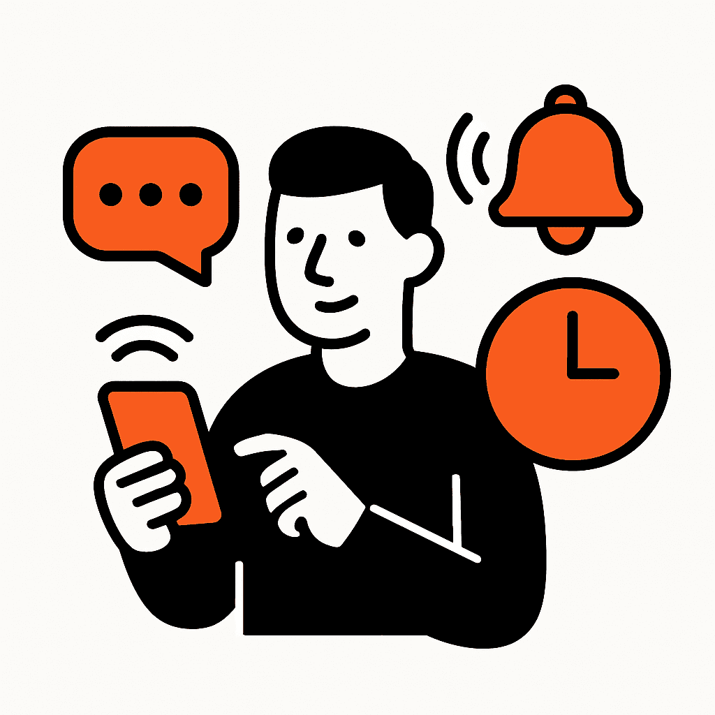 Scene depicting automated notifications and reminders being sent to customers and team members, highlighting ease and time savings