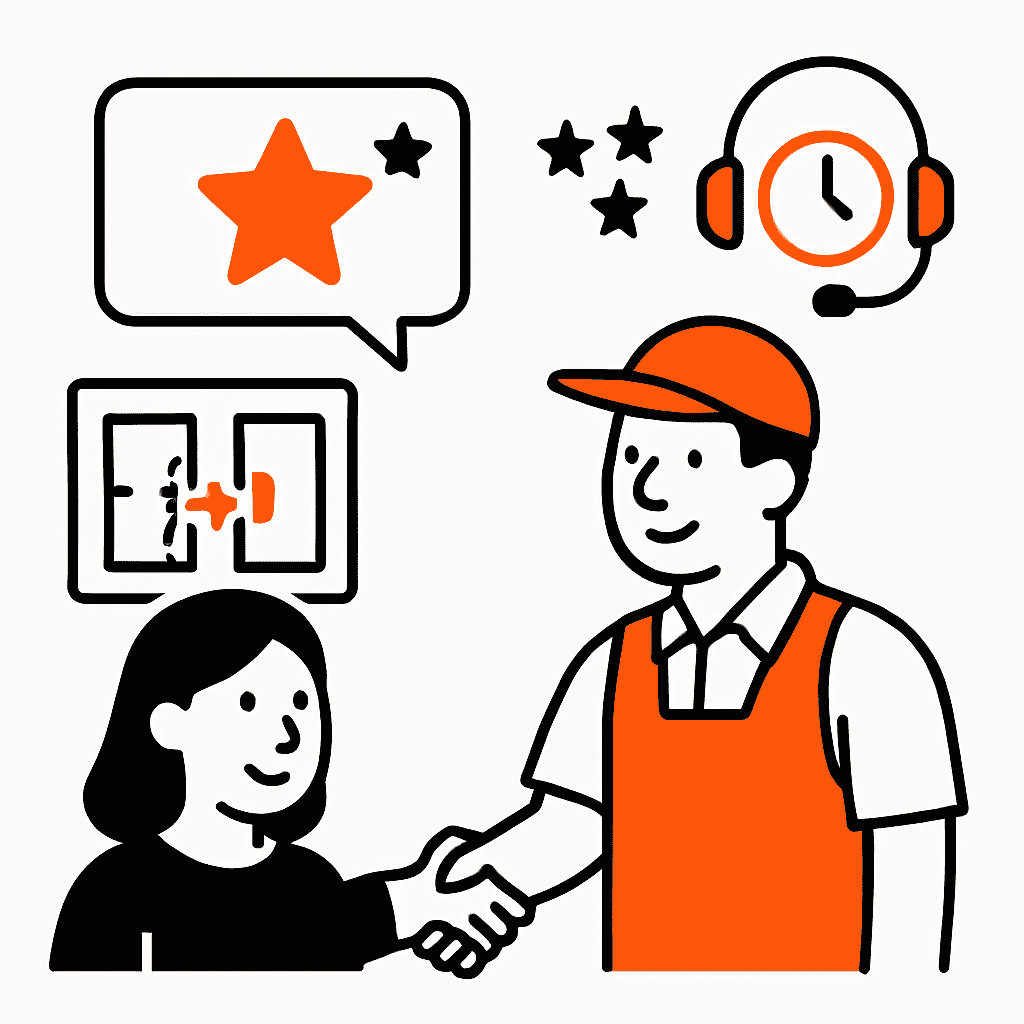 Depiction of trust-building elements such as positive online reviews, before-and-after photos of work, a professional service provider arriving on time and interacting respectfully with a customer.