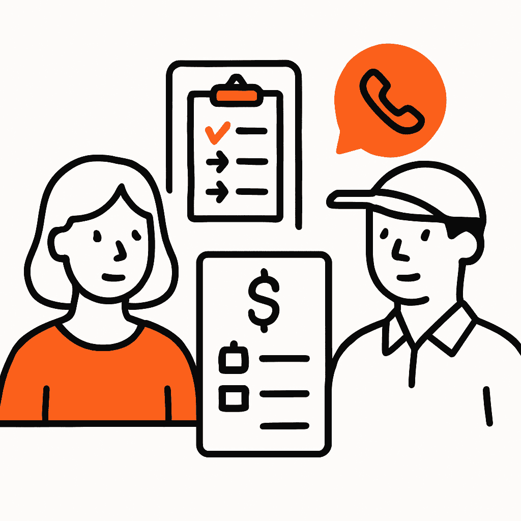 Visual representation of transparent pricing and communication, showing an itemized quote, clear service steps, and timely updates between a service provider and a homeowner.