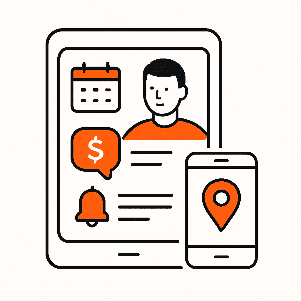 A sleek, professional digital interface showcasing online booking, digital quotes and invoices, automated reminders, and mobile-friendly website for a home service business.