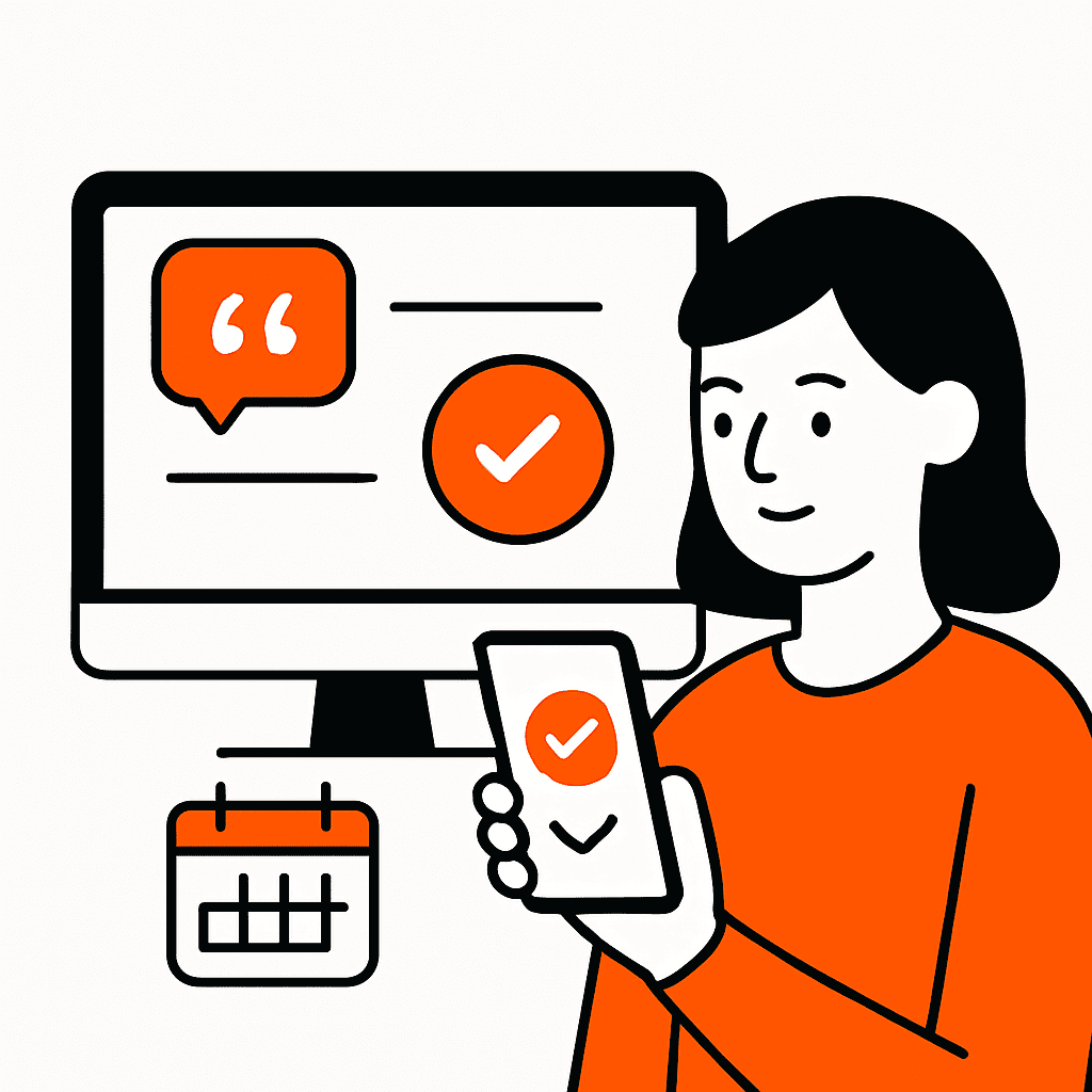 An image representing the use of job management software on a computer and smartphone, showcasing seamless sending, accepting, and scheduling of quotes online.