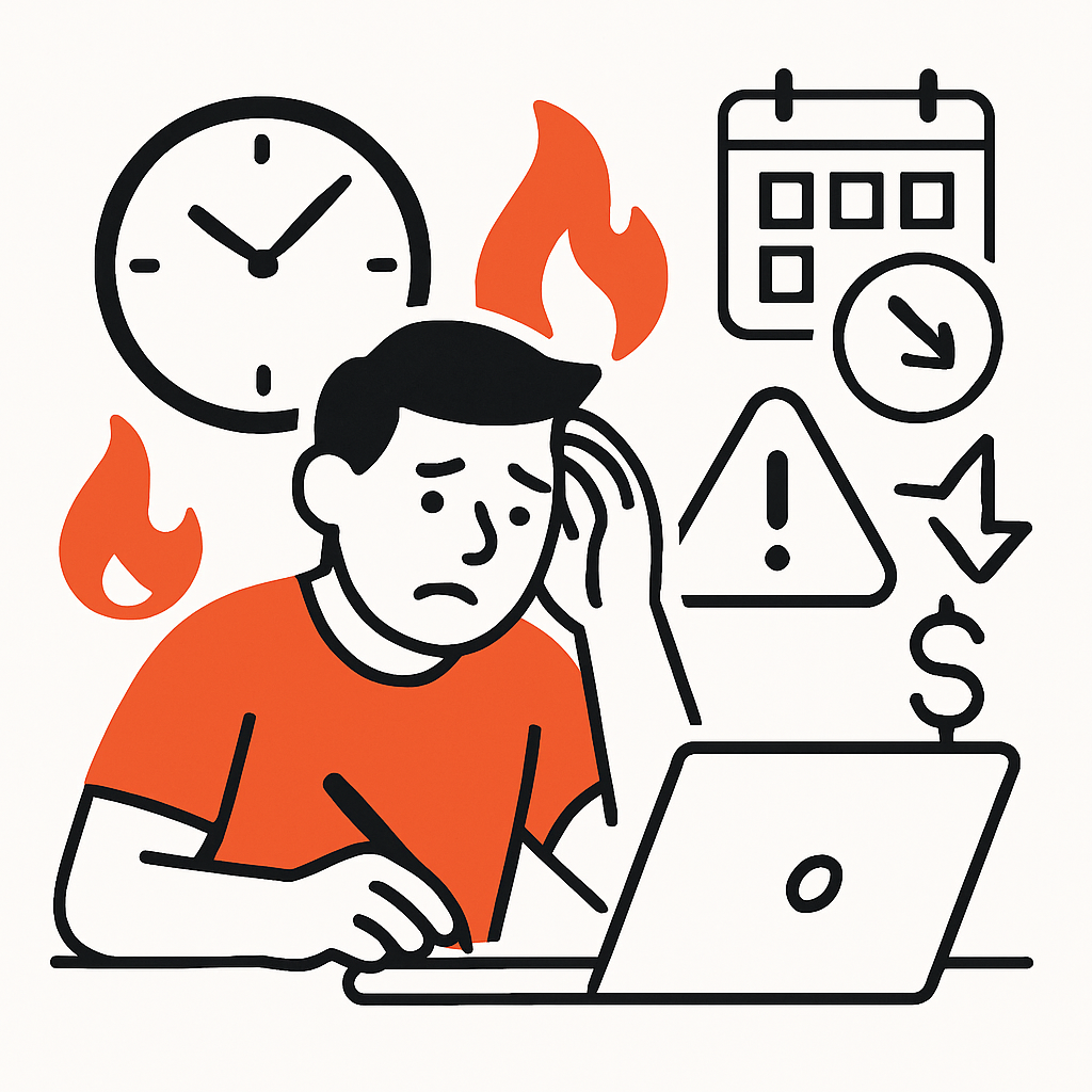 A frustrated business owner burning the midnight oil doing admin work after hours, contrasted with missed jobs, errors, and operational slowdowns representing the impact on profit and burnout.