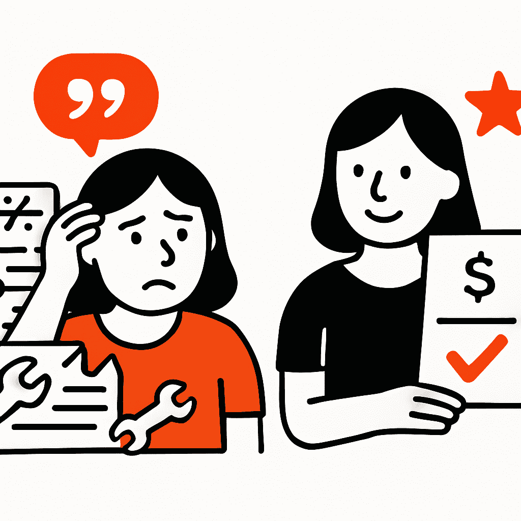 A comparison scene showing a confused customer overwhelmed by a technical, cluttered quote versus a happy customer reviewing a clear, simple, and value-focused quote.