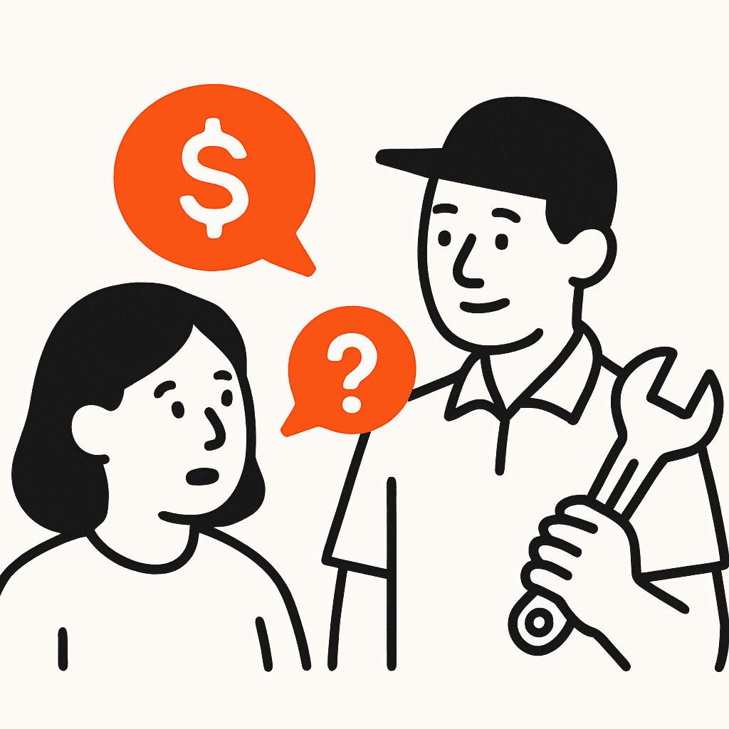 A service professional calmly addressing a customer's price objection, symbolizing acknowledging concerns without being defensive.