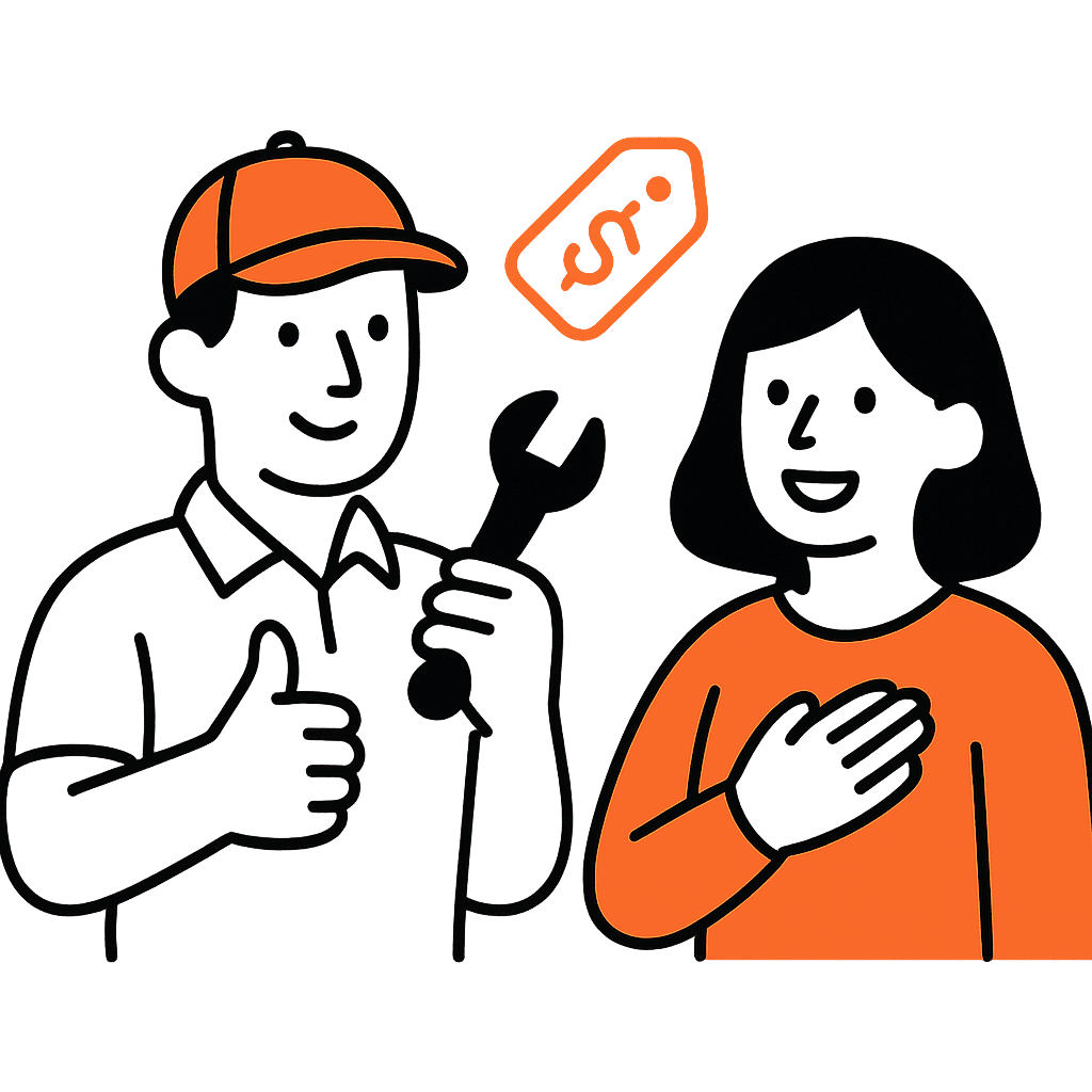 A depiction of a positive resolution: a home-service worker offering a solution like redoing work or giving a discount, followed by a happy customer, emphasizing trust restored and customer satisfaction.