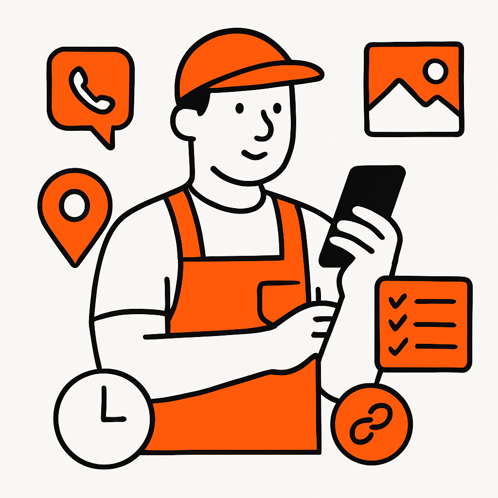 Home-service professional using a laptop or smartphone to update Google Business Profile with contact details, service areas, photos, and opening hours