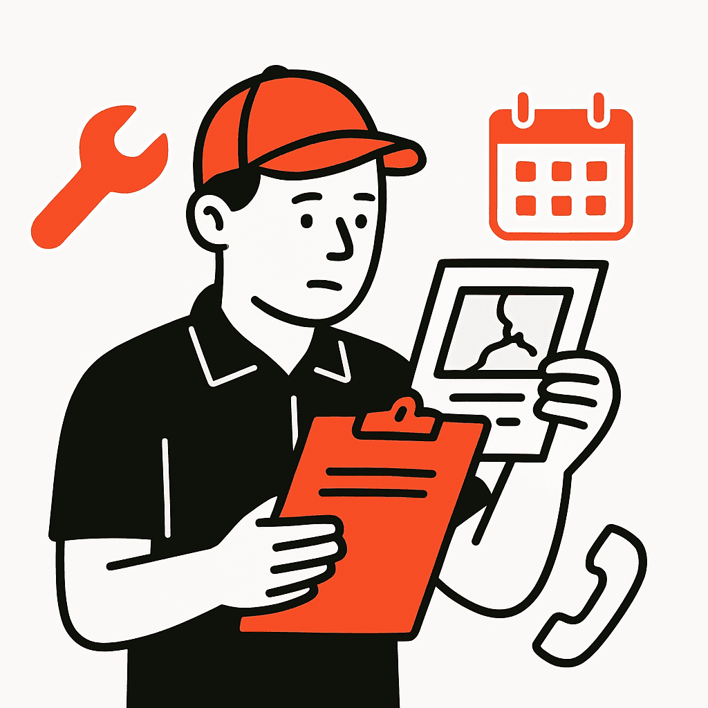 An image showing a professional investigating a work issue fairly, reviewing photos and notes, with tools and schedules visible, representing problem analysis and fact-finding.