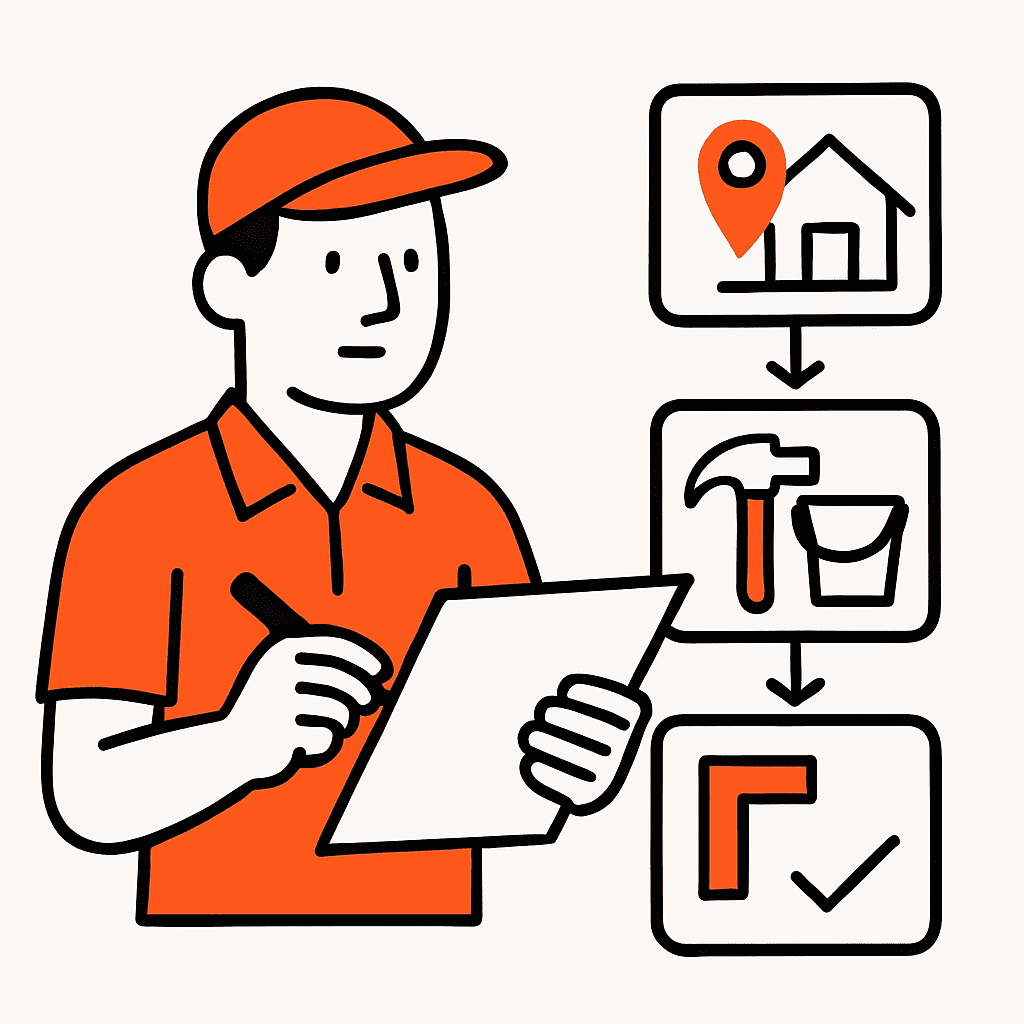 Illustration of a service professional breaking down a complex job into smaller, manageable tasks, showing steps like site inspection, material gathering, and planning.
