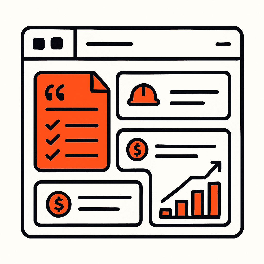Dashboard or interface of job management software (like Taskly) displaying quote templates, labor tracking, material costs, and profit reports to emphasize streamlined job quoting.