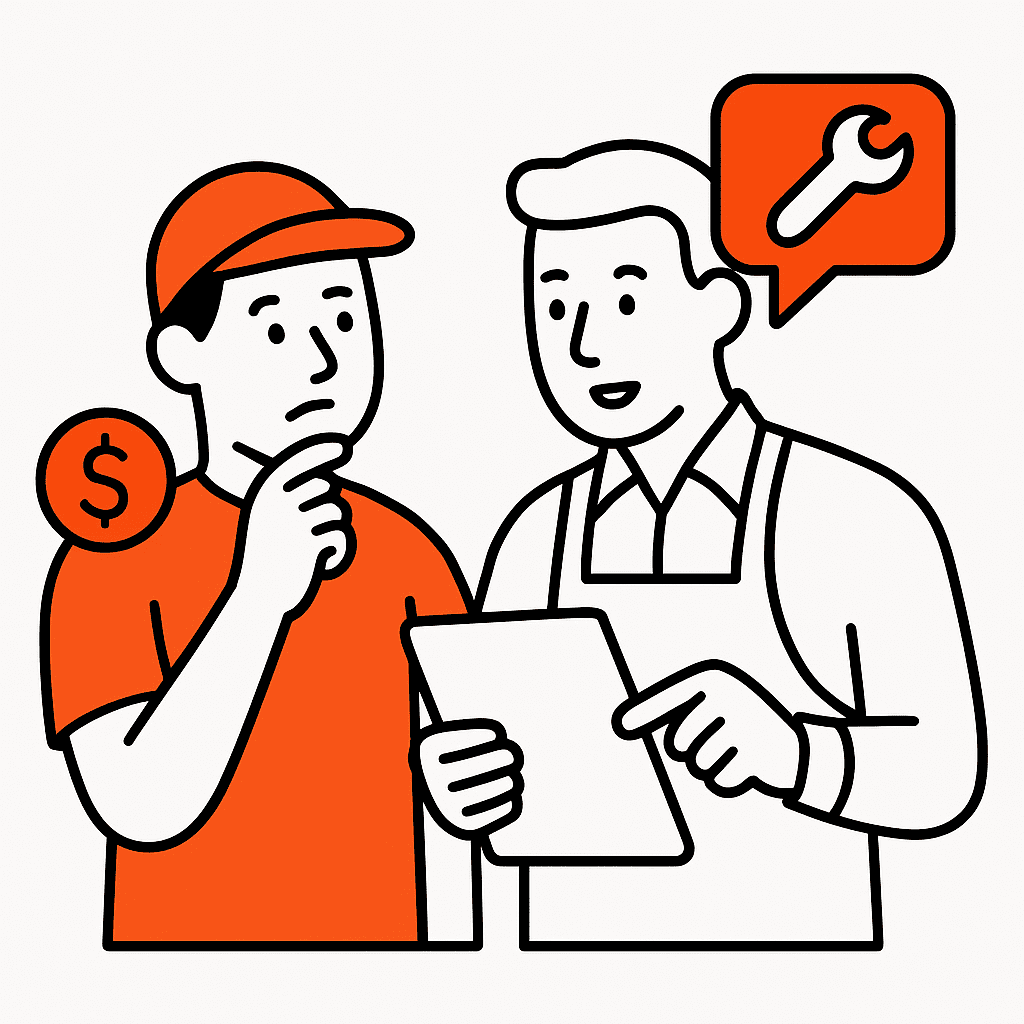 Scene depicting a service worker consulting with an experienced colleague or contractor for advice on pricing and job challenges, symbolizing collaboration and knowledge-sharing.