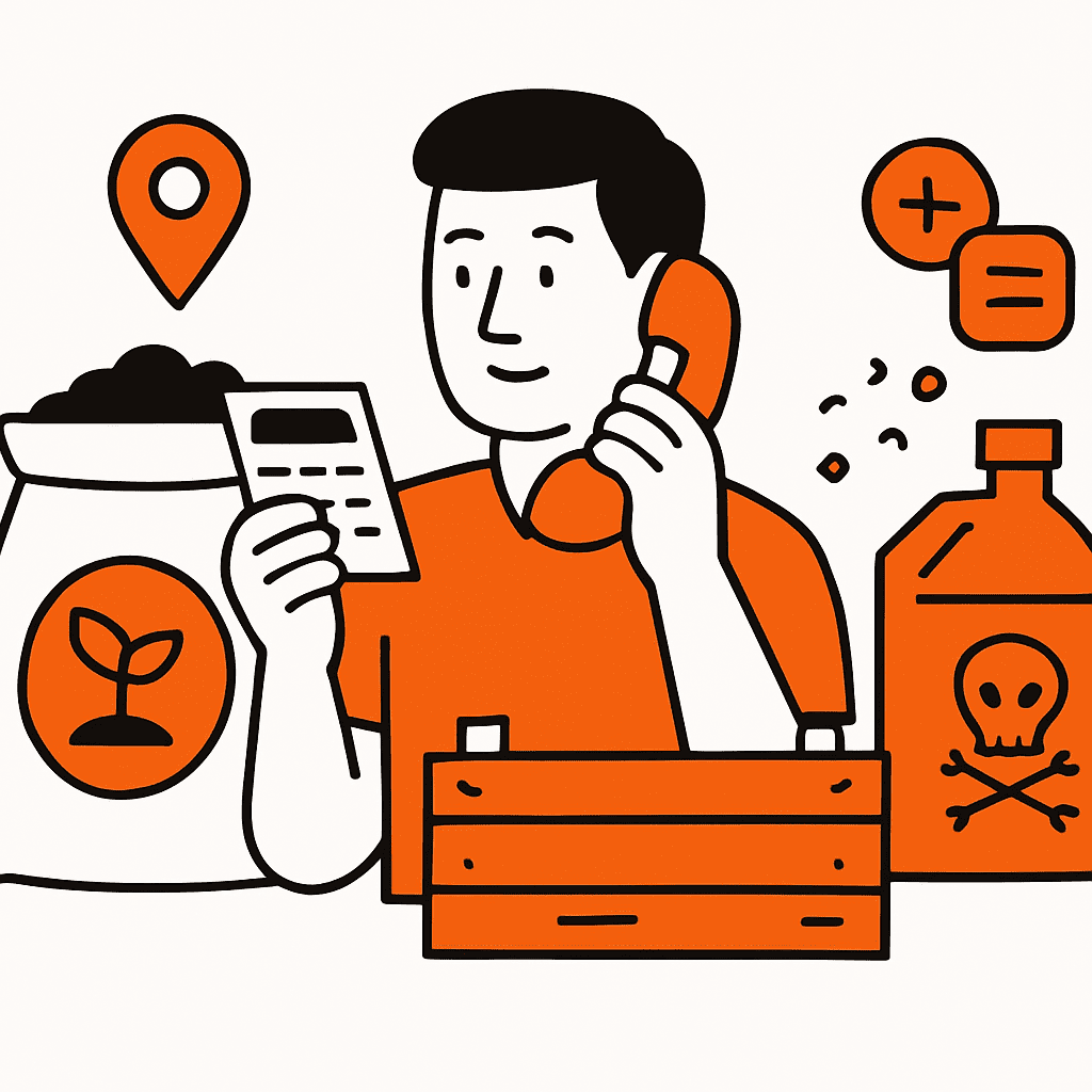 Visual representation of calculating material costs including contacting suppliers, accounting for delivery fees and wastage, with items like soil, timber, chemicals displayed.