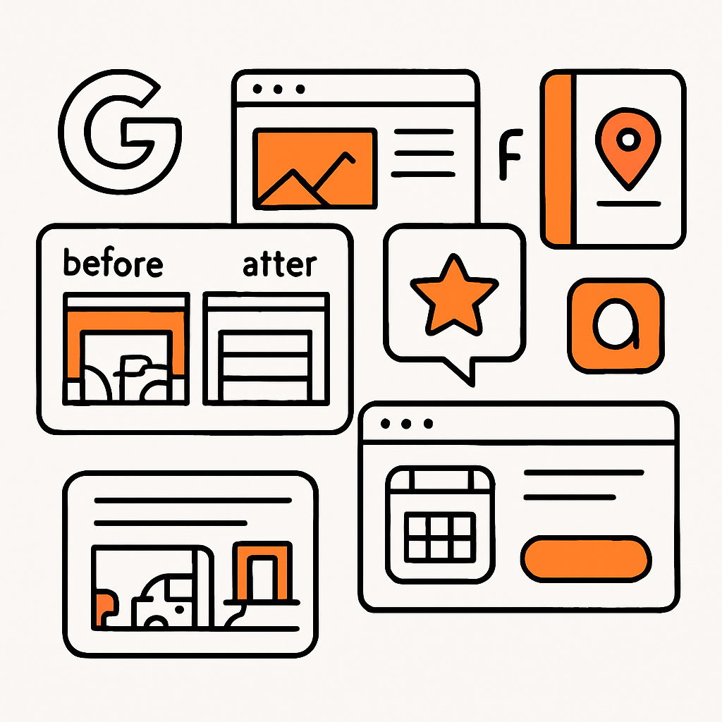 Collage of online platforms with consistent business info, before-and-after photos, customer reviews, and an online booking interface