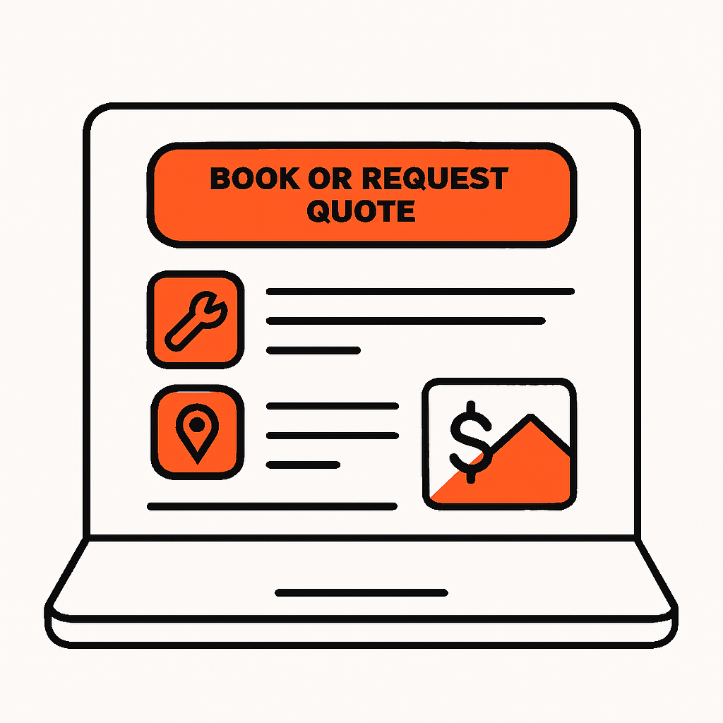 Clean, modern single-page website layout on laptop and mobile showing services, areas, pricing, photos and booking button