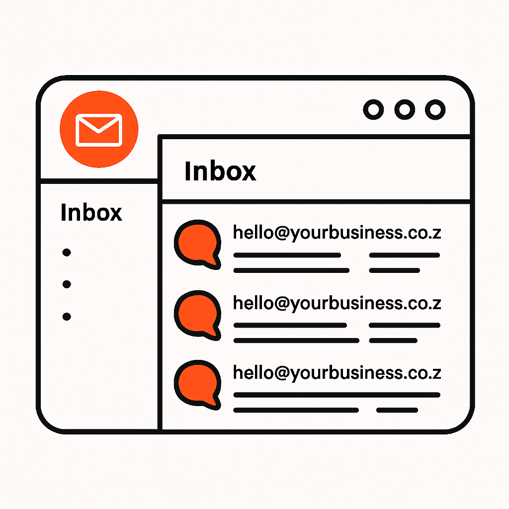 Professional branded email inbox screen showing emails like hello@yourbusiness.co.nz with customer inquiries and logo