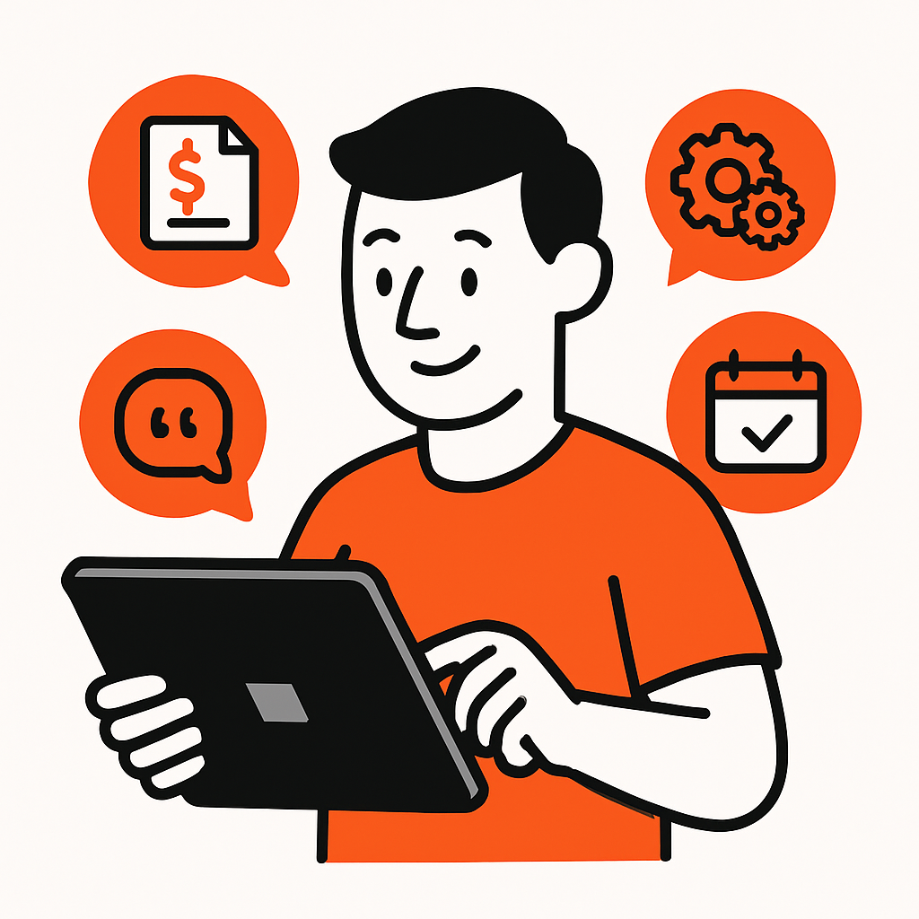 A happy home service business owner using Taskly software on a laptop or tablet with integrated job management, quoting, automated invoicing, payment reminders, and accounting sync.