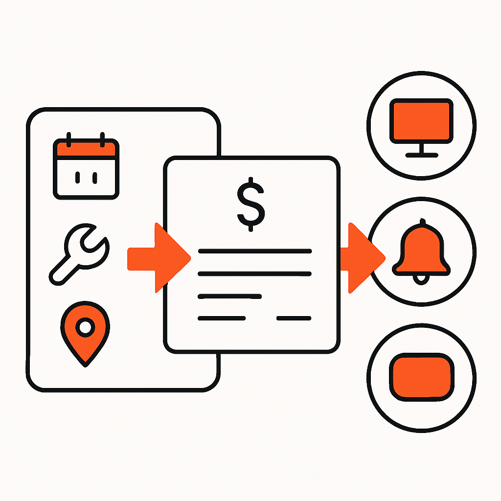 A seamless automated invoicing system interface showing job details converting into invoices, automatic sending, online payment options, and follow-up reminders.