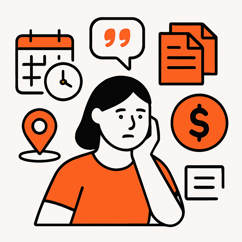 A detailed infographic showing common time-consuming admin tasks like manual scheduling, lost quote follow-ups, double entry, invoicing delays, and client coordination in a home-service business.