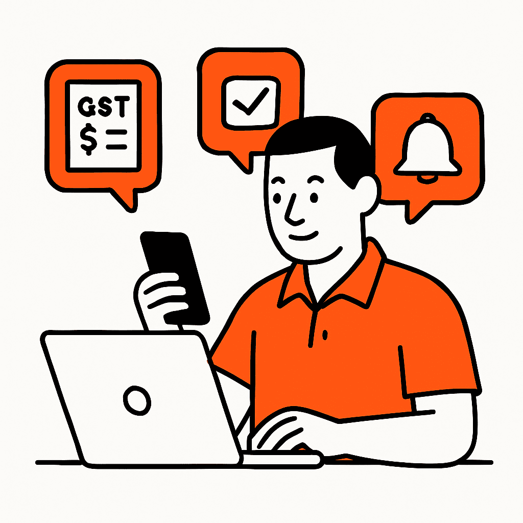 Scene showing a home-service business owner using Taskly software on a laptop or mobile device to generate GST-compliant invoices, track jobs, and automate reminders, illustrating ease of compliance and professional administration.