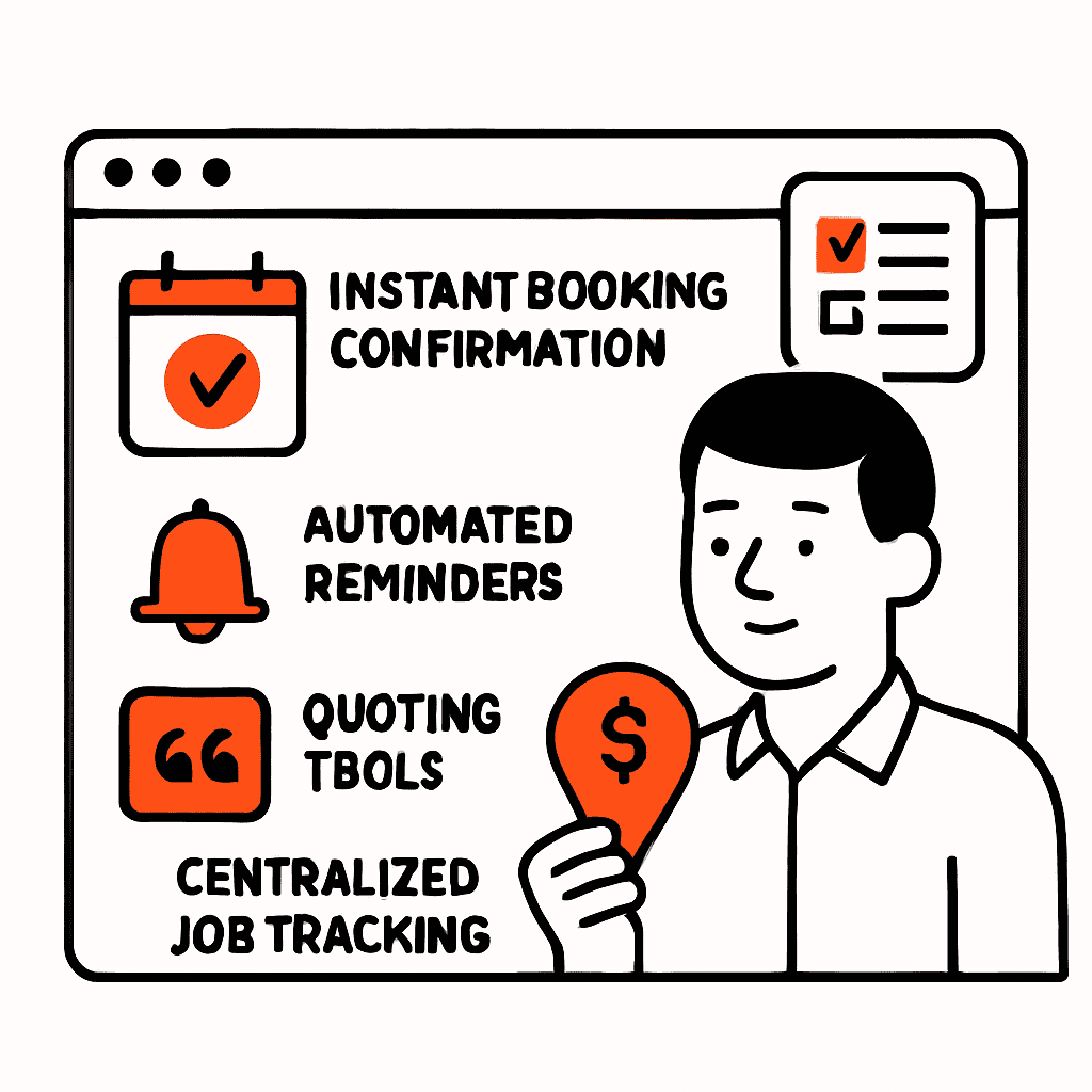 Screenshot-style or promotional image showcasing Taskly software features like instant booking confirmations, automated reminders, quoting tools, and centralized job tracking.