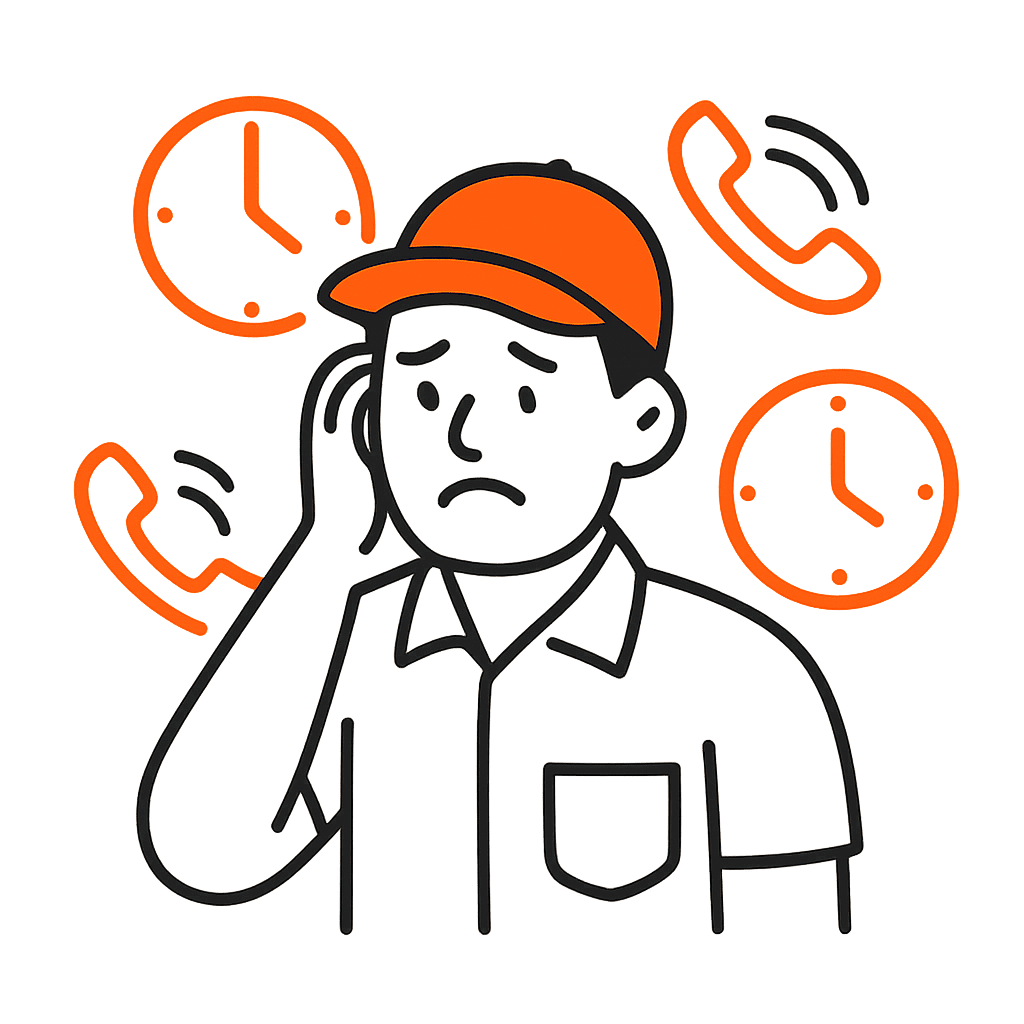 Illustration of a stressed home-service worker surrounded by clocks and missed calls, symbolizing slow and ineffective follow-up costing jobs.