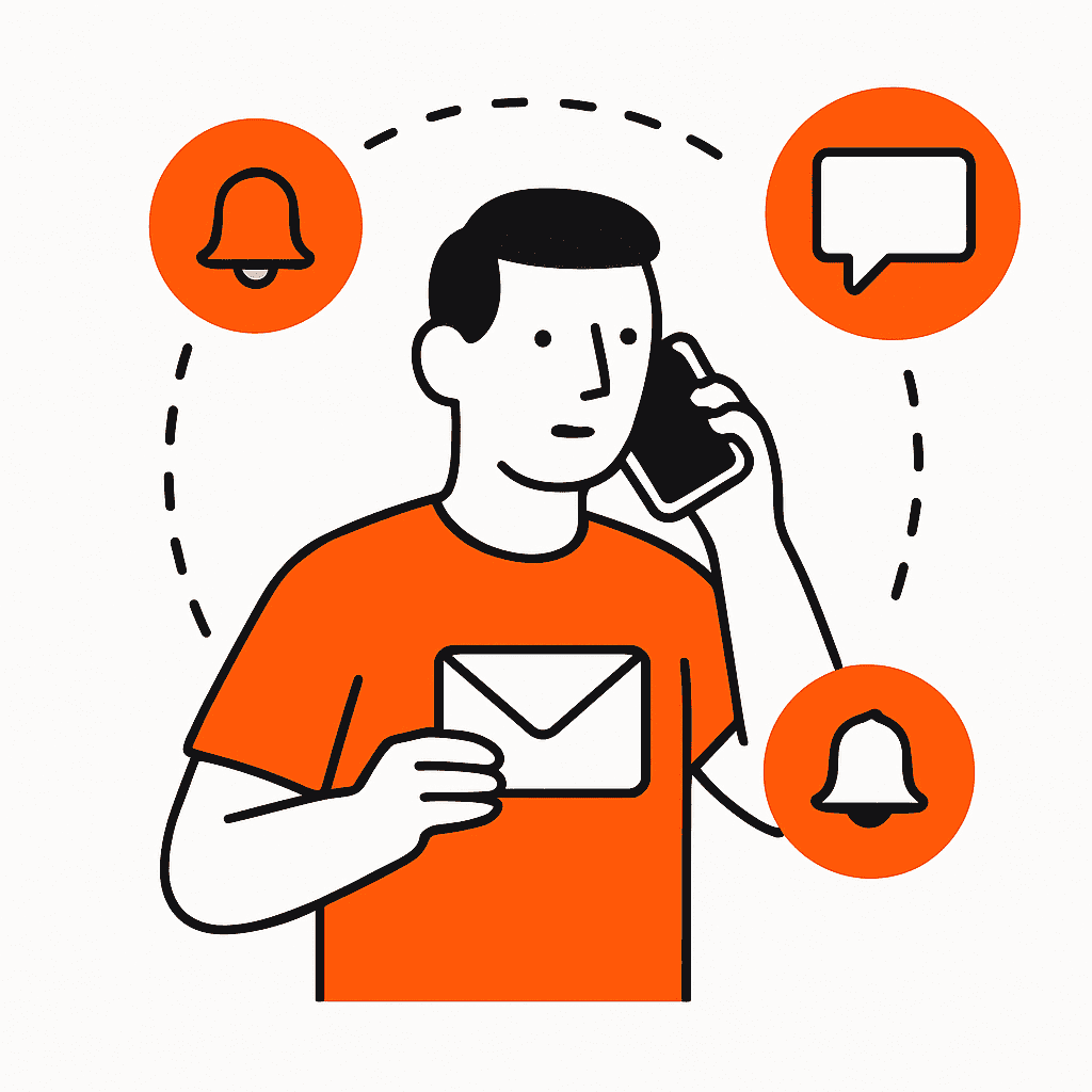 Visual showing a multi-step, multi-channel follow-up process including phone calls, SMS, emails, and automated reminders for home-service businesses.