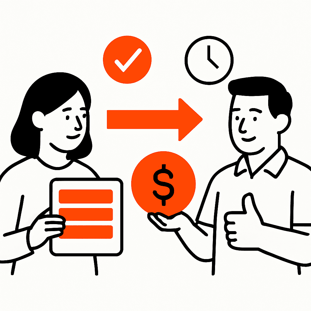 A visual representation of how Afterpay works for service businesses: customer paying in installments while the business receives full payment upfront, with icons depicting benefits like faster job closing and steady cash flow.