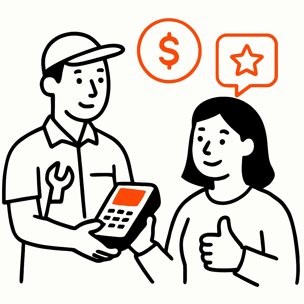 An illustration showing a tradesperson or home-service professional discussing flexible payment options with a customer, highlighting ease of accepting payment and customer satisfaction.