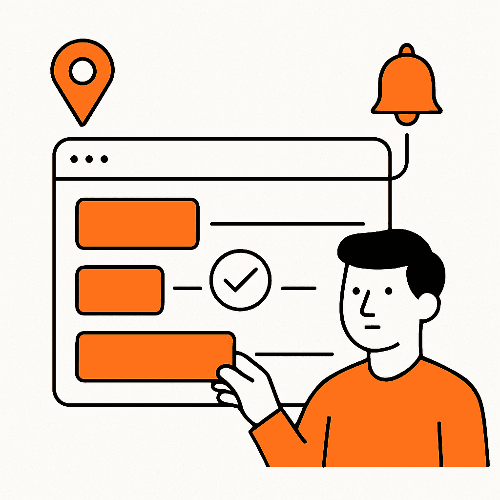 An illustration of a digital job scheduling interface with features like drag-and-drop scheduling, travel time buffers, and customer reminders to represent streamlining job scheduling and avoiding overbooking.