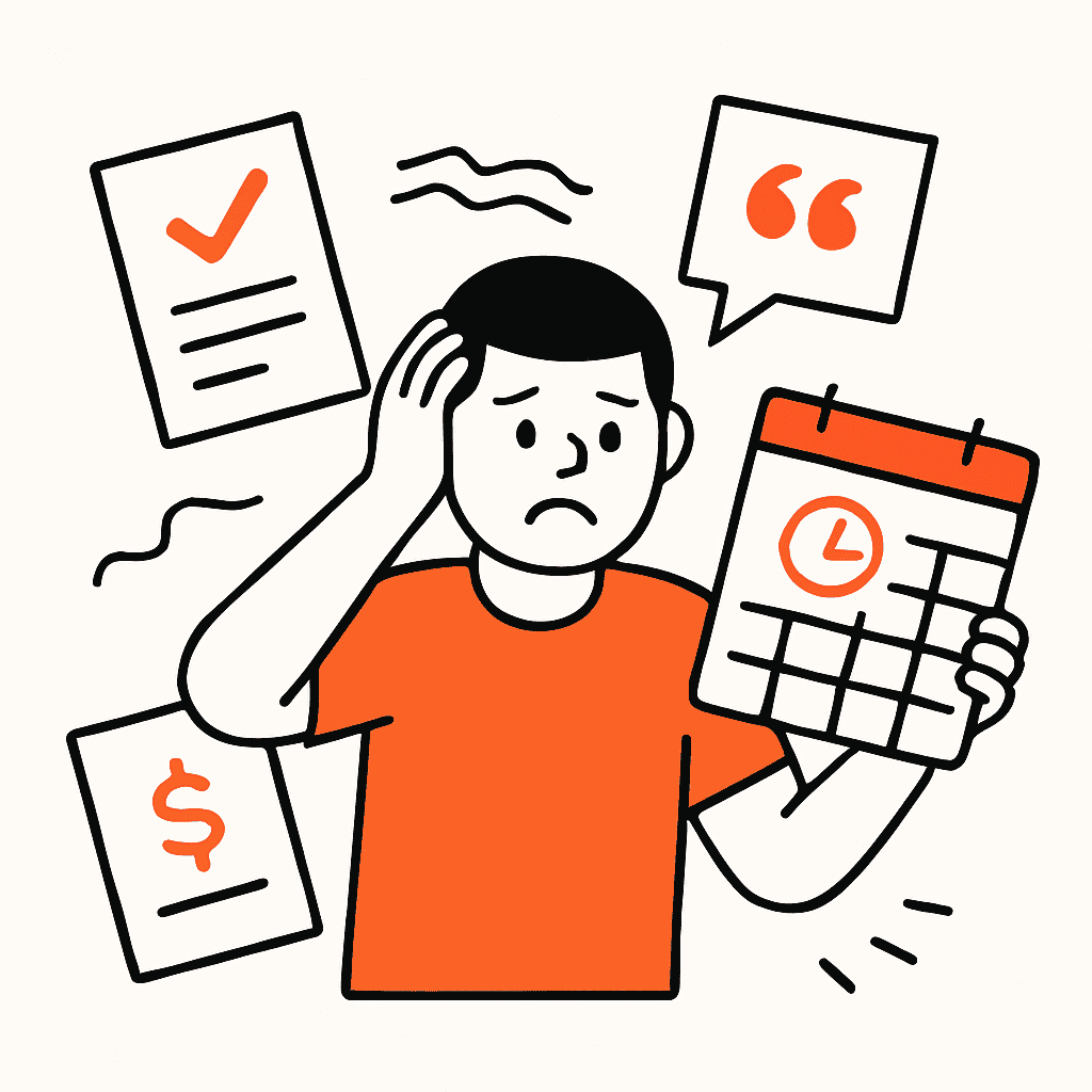 A chaotic scene showing common challenges for solo tradies: scattered papers, missed appointments, and admin overload, illustrating the real challenges of managing all tasks alone.