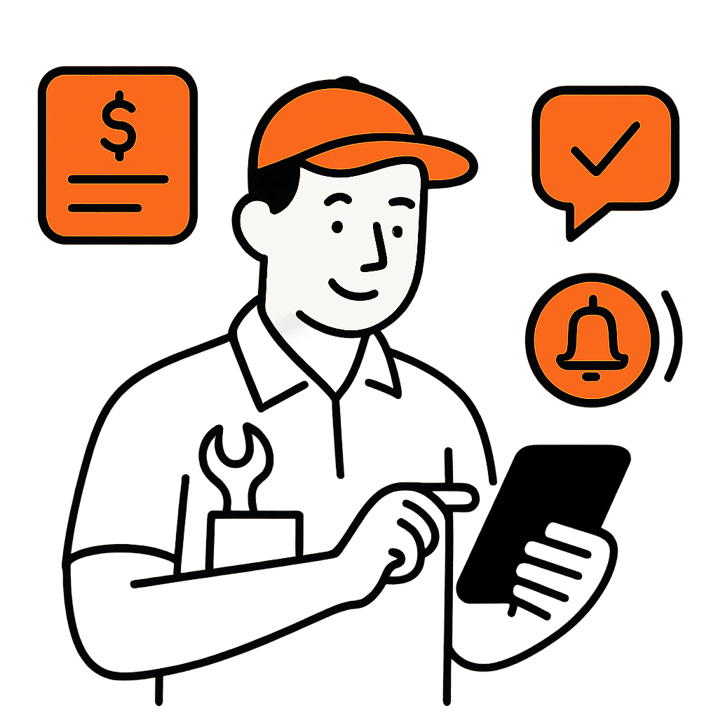 A happy tradie using mobile invoicing and quoting software onsite with a phone or tablet, showing quick quote creation, instant invoicing, and automated reminders to improve cash flow and reduce admin stress.