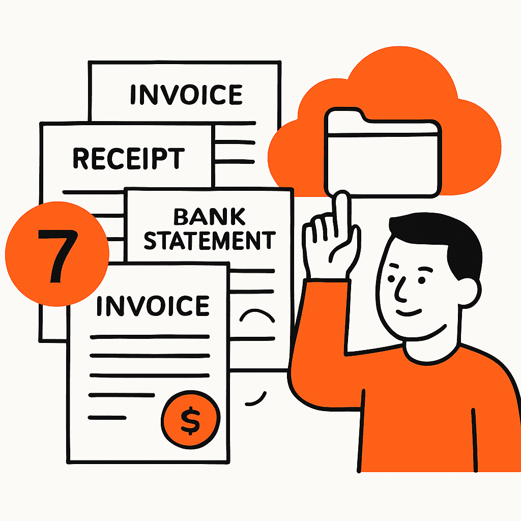 Graphic depicting organized record keeping for at least seven years, including invoices, receipts, bank statements, and digital record storage, emphasizing simplified compliance through cloud-based job management tools.