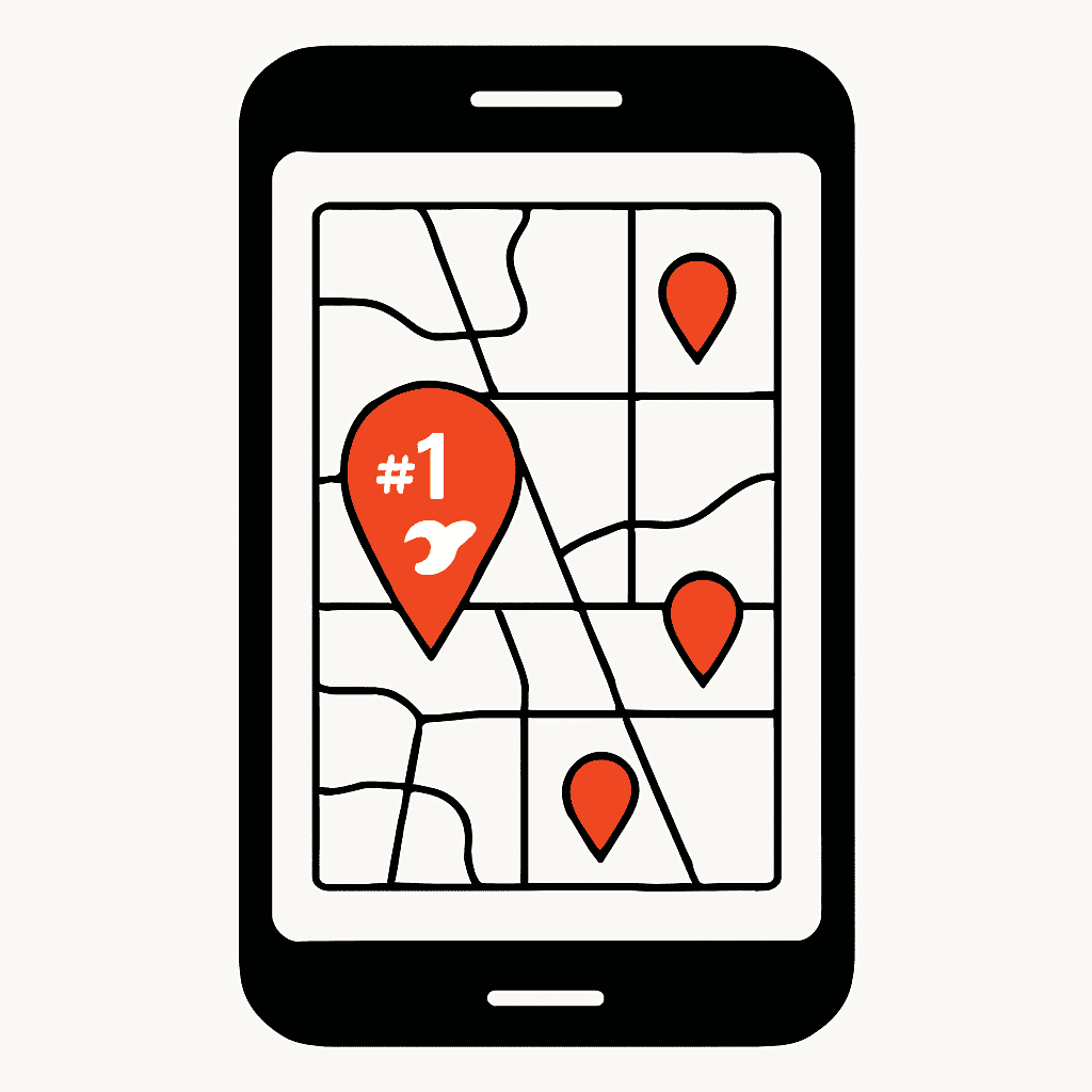 Smartphone displaying Google Maps with local service businesses pinned highlighting the #1 spot in the Local Pack for a tradie business