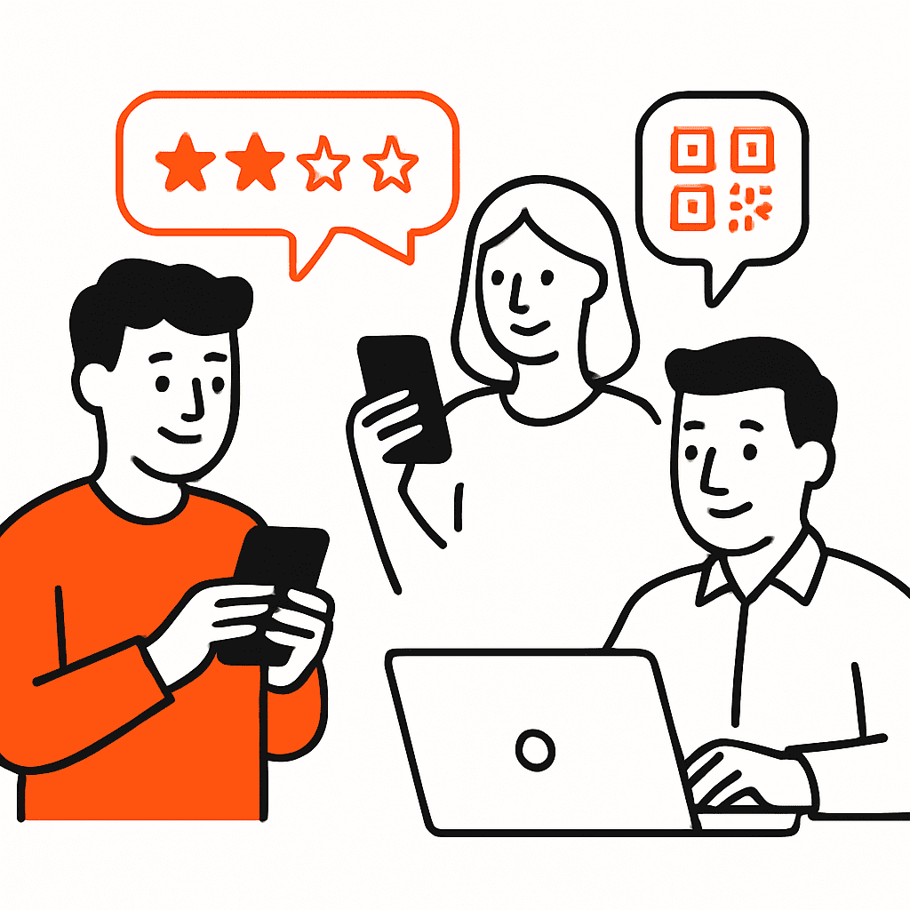 Positive customer interactions: happy customers leaving reviews on phones, responding to review requests via text or QR codes, and a business owner replying to reviews