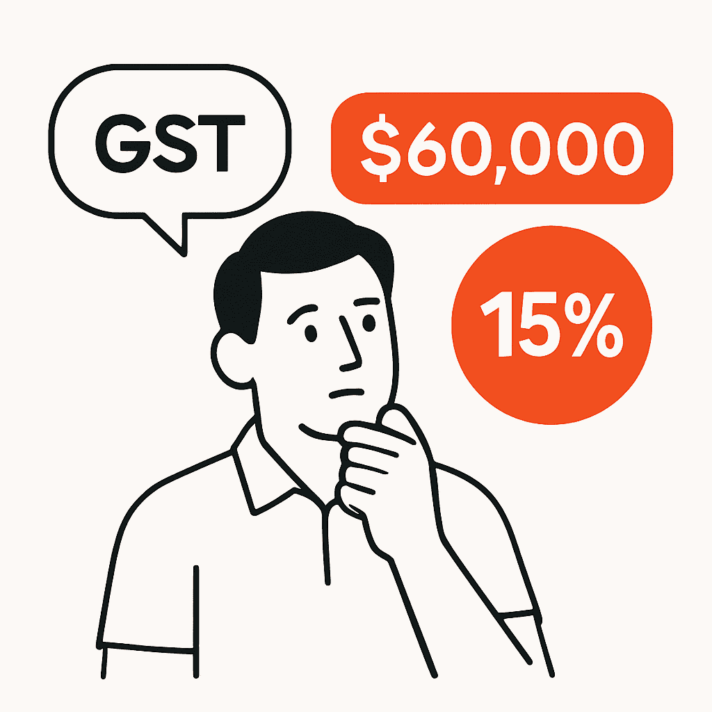Illustration of a sole trader in New Zealand managing their GST registration and understanding when to register, showing key figures like the $60,000 turnover threshold and the 15% GST rate.